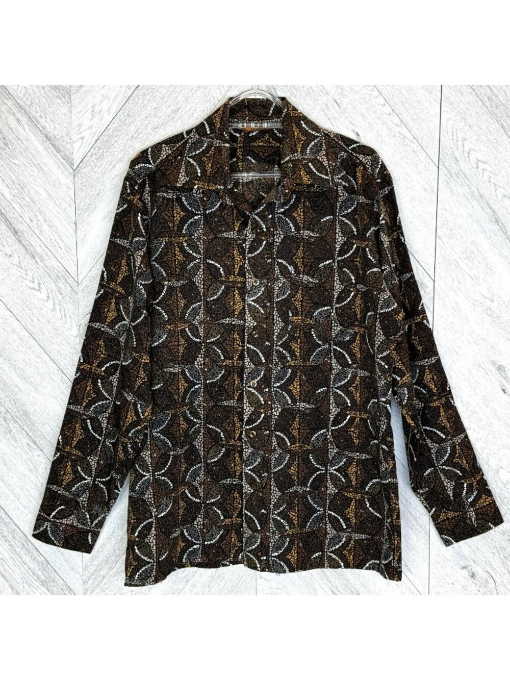 Vintage 70s Polyester Shirt Disco Point Collar Mens Large Brown Abstract Print